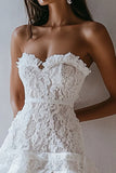 Strapless White Lace A Line Short Graduation Dress