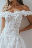 White A Line Off The Shoulder Ruffles Lace Short Graduation Dress