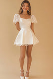 White A Line Lace Satin Graduation Dress with Short Sleeves