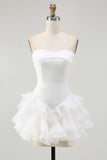 Cute White Strapless Ruffled A Line Mini Dress