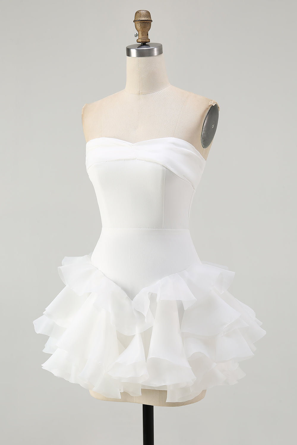 Cute White Strapless Ruffled A Line Mini Dress