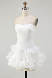 Cute White Strapless Ruffled A Line Mini Dress