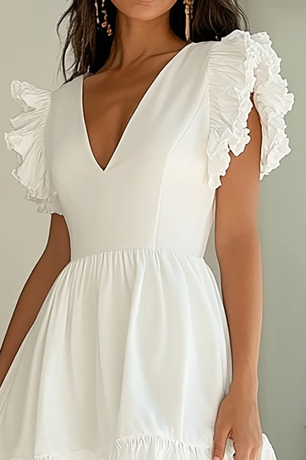 Stylish White A Line V-Neck Mini Dress With Ruffles
