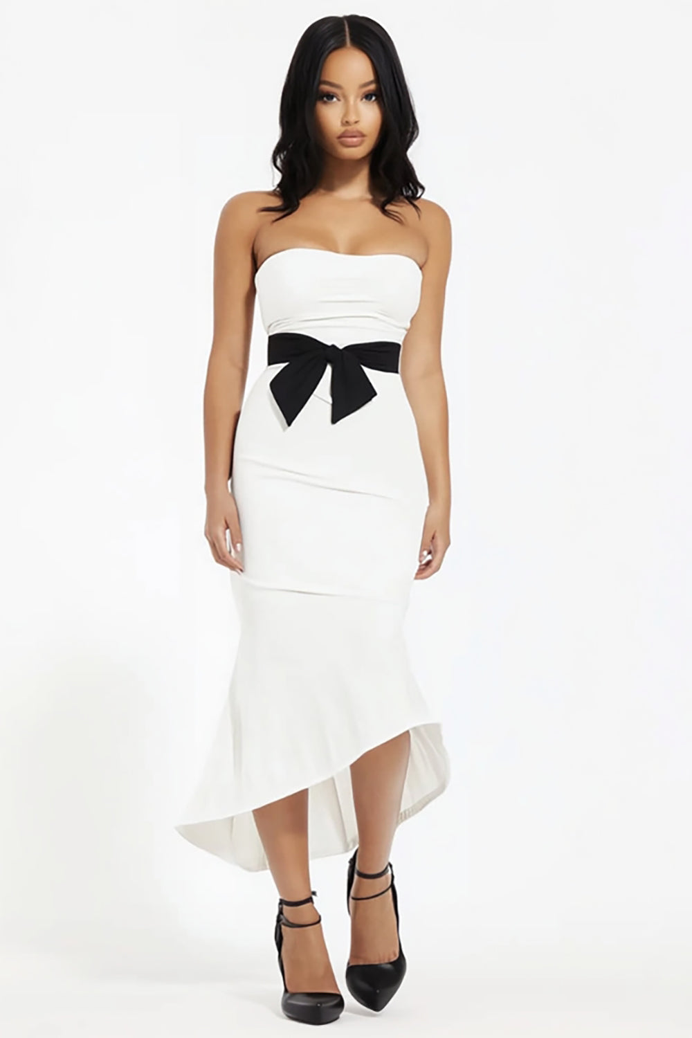White Mermaid Strapless Party Dress With Bows