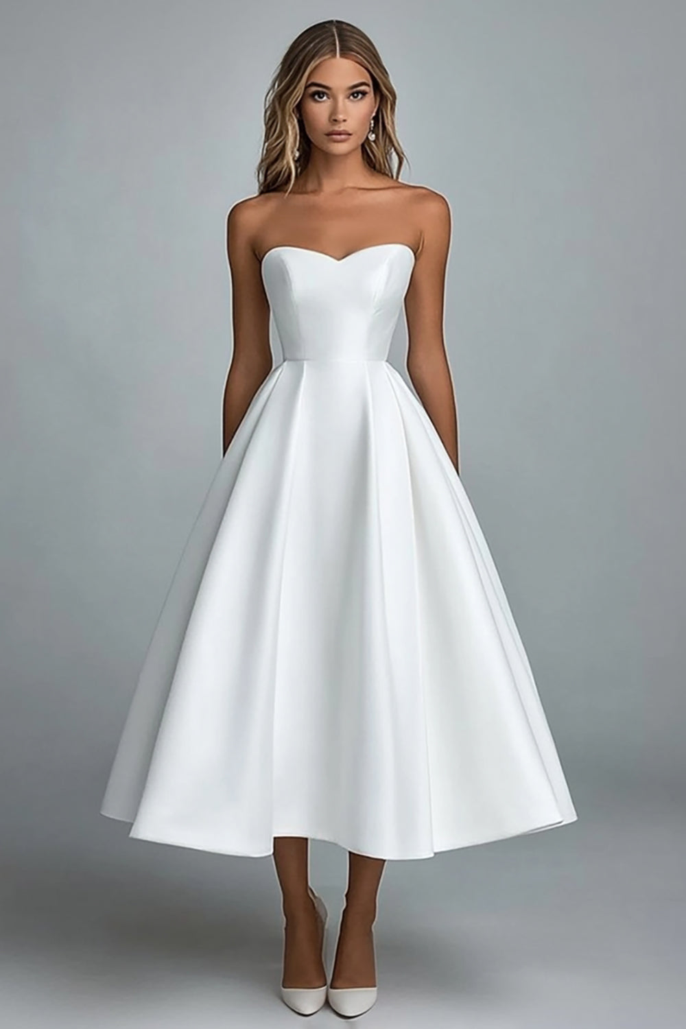 White A Line Strapless Satin Tea Length Party Dress