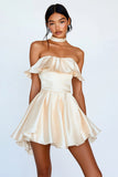 Stylish A Line Ruffled Satin Champagne Mini Dress