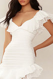 White Bodycon V-Neck Ruffled Mini Dress
