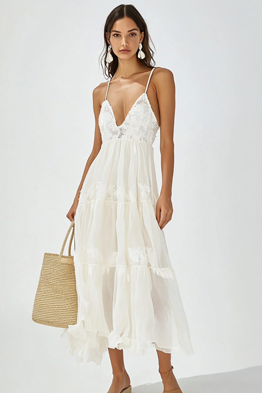 White A Line Spaghetti Straps Party Dress With Lace