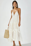 White A Line Spaghetti Straps Party Dress With Lace