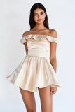 Off The Shoulder A Line Satin Champagne Mini Dress
