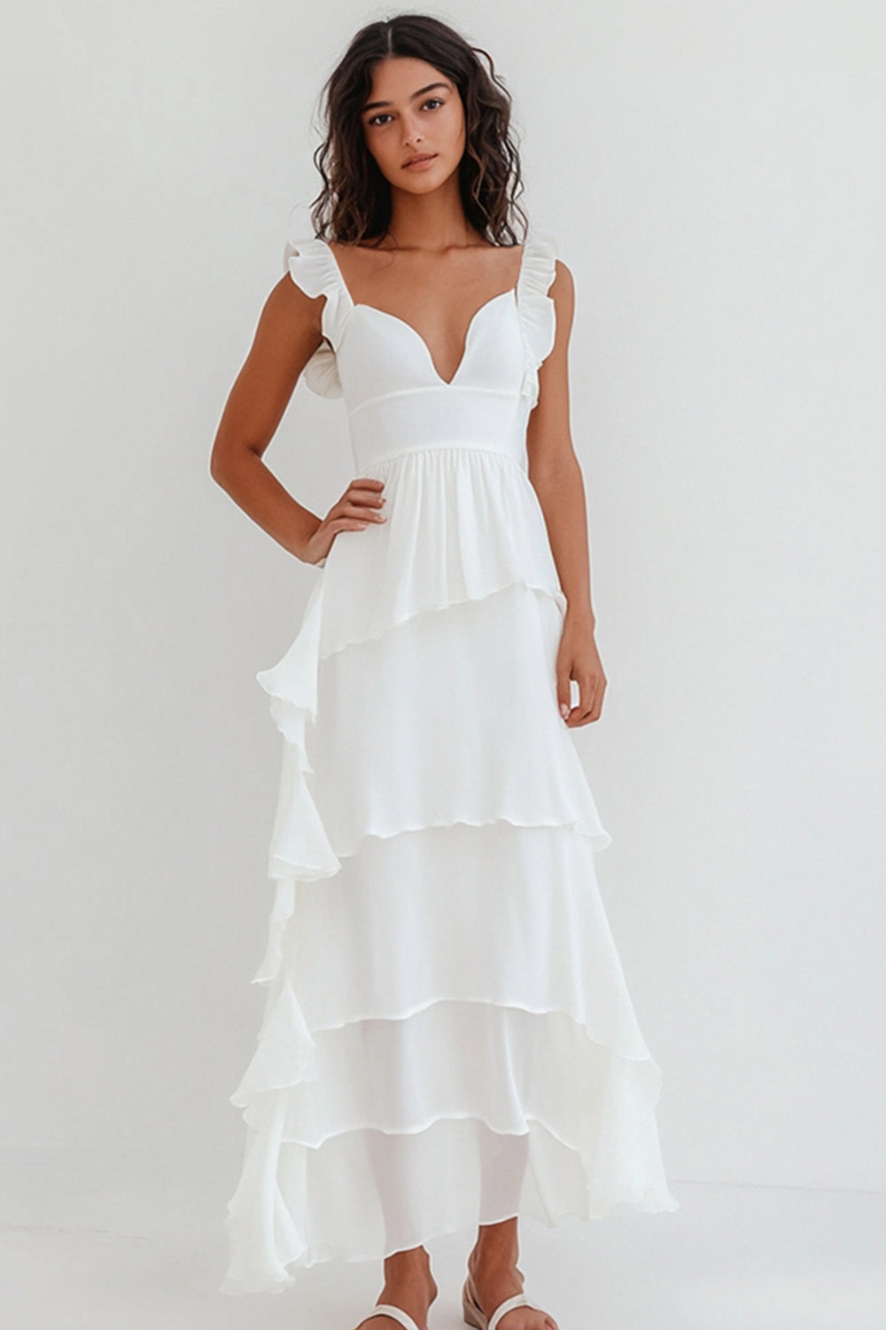 White A Line Tiered Chiffon Party Dress