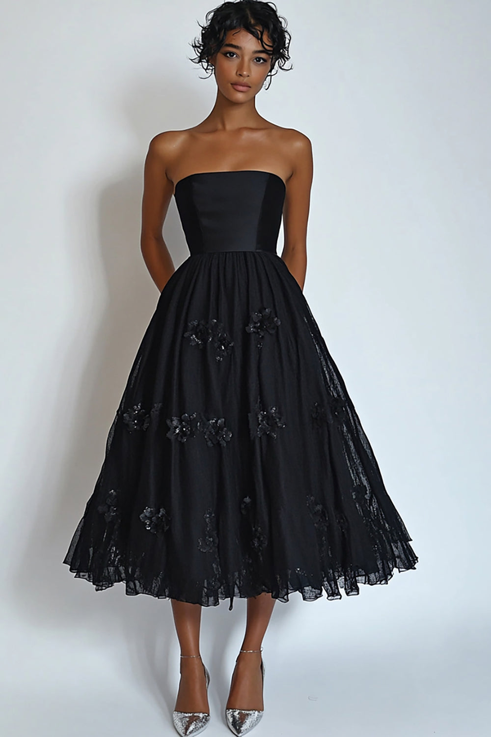 A Line Satin Tea Length Black Tie Dress With Appliques