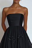 A Line Satin Tea Length Black Tie Dress With Appliques