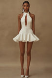 White A Line Satin Cut Out Ruffled Graduation Dress