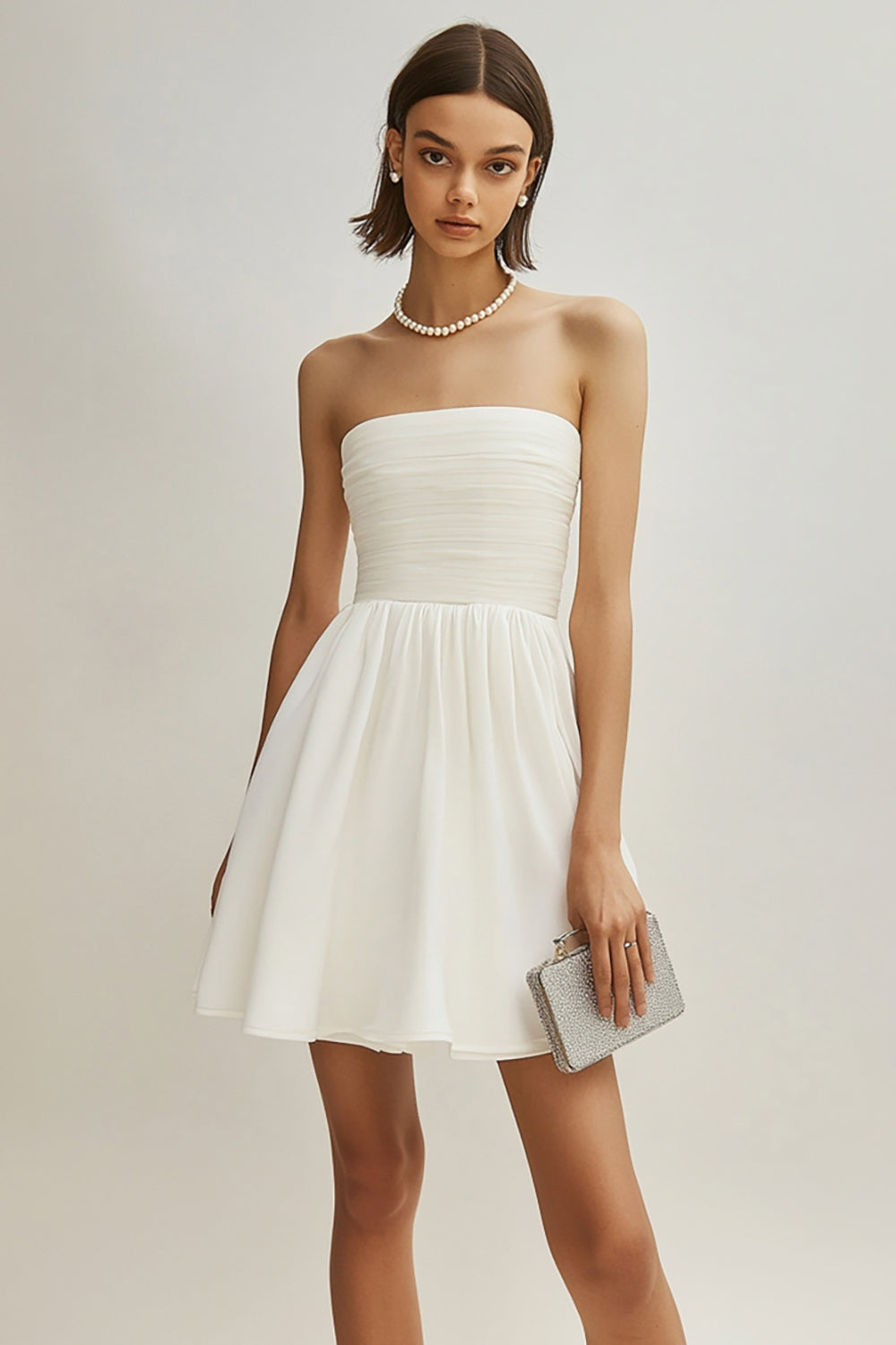 White Strapless A Line Chiffon Mini Dress