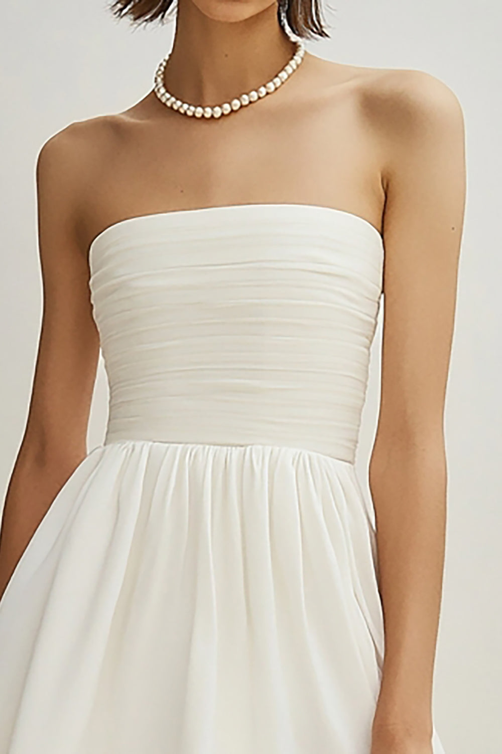 White Strapless A Line Chiffon Mini Dress