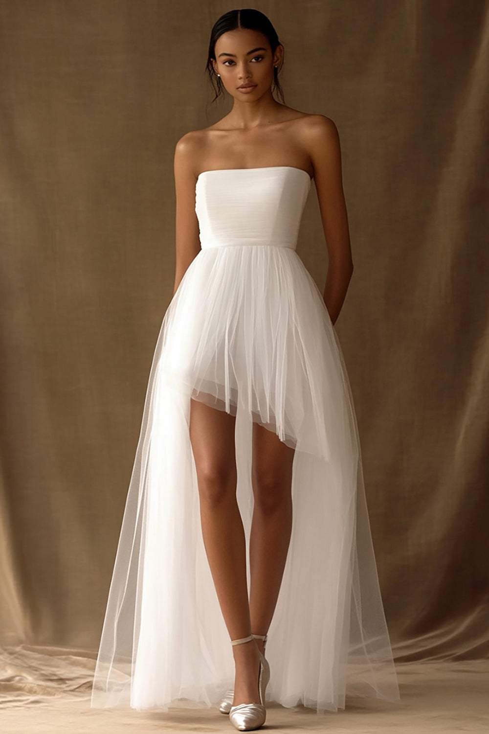 Simple White Asymmetrical A Line Wedding Dress With Tulle