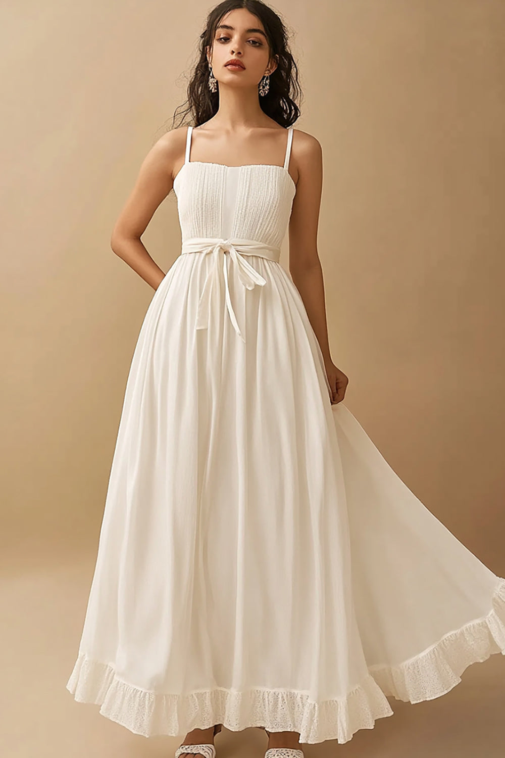 White A Line Spaghetti Straps Chiffon Party Dress With Lace