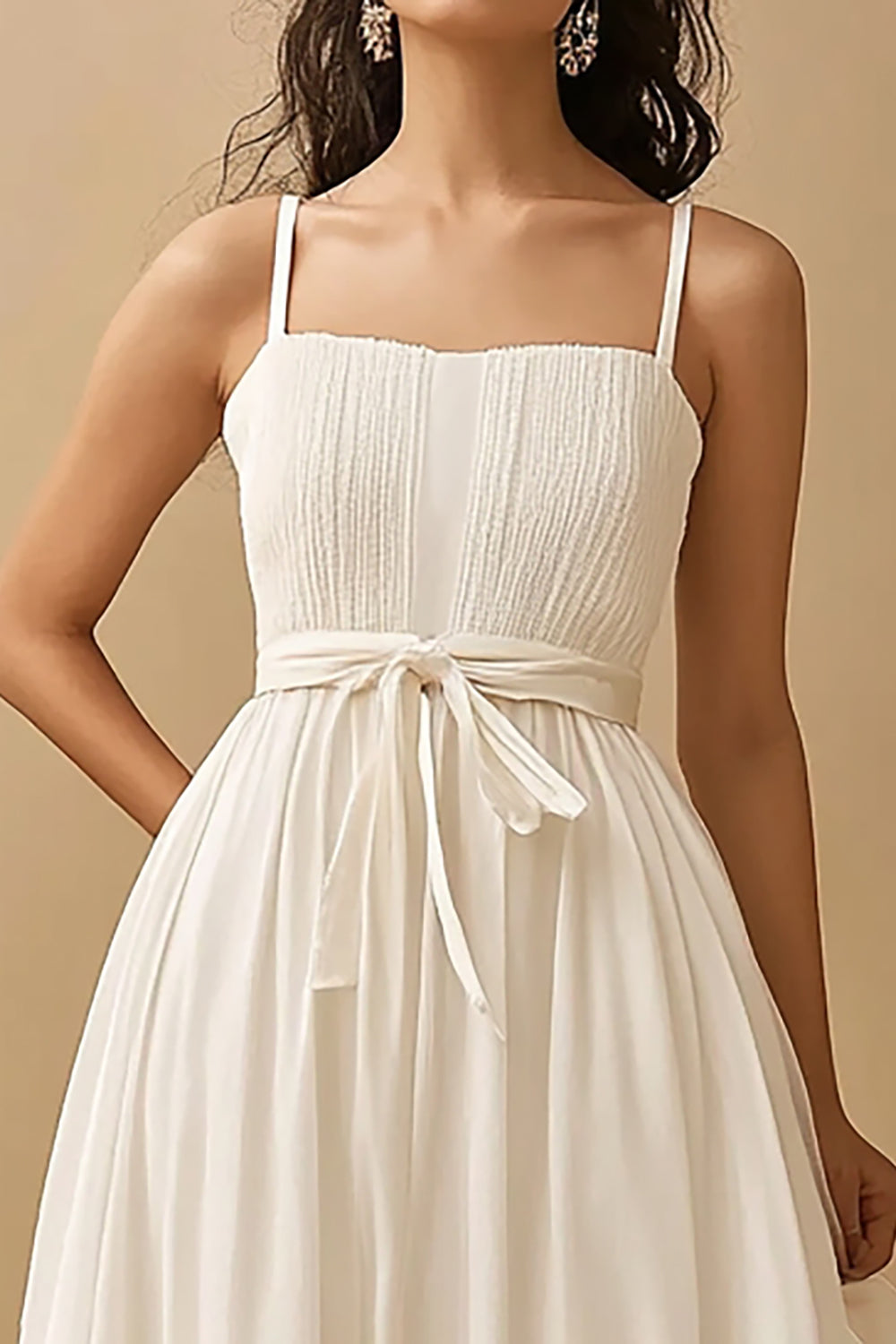 White A Line Spaghetti Straps Chiffon Party Dress With Lace
