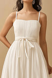 White A Line Spaghetti Straps Chiffon Party Dress With Lace