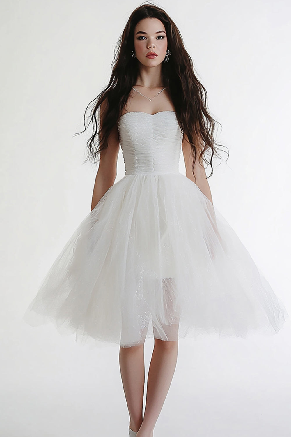 White A Line Midi Party Dress With Tulle