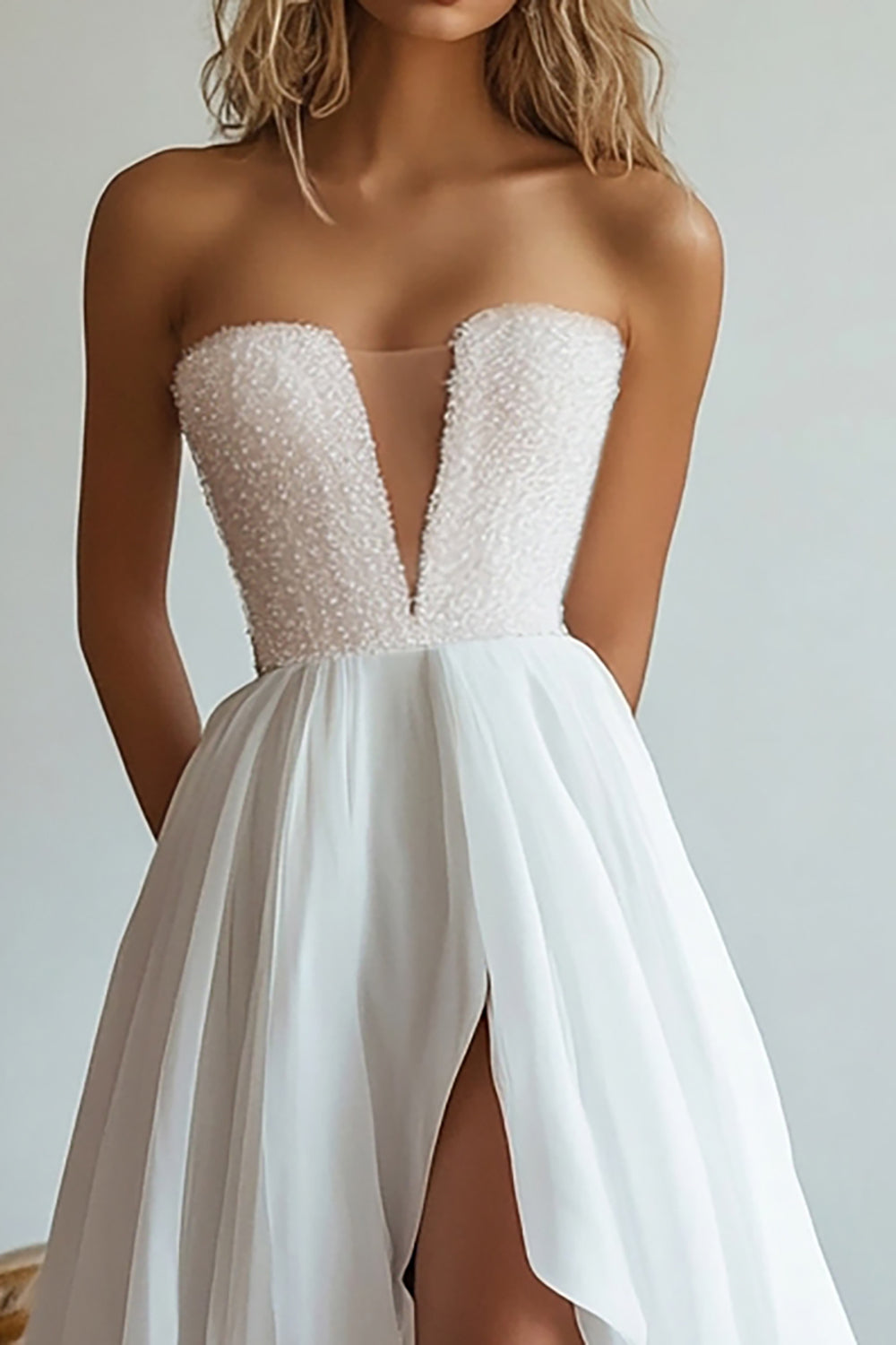 White Asymmetrical A Line Wedding Dress With Sequins