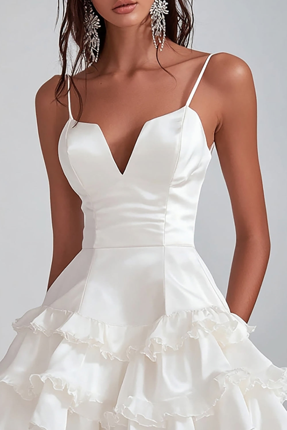 White Ruffled Spaghetti Straps Satin Mini Dress
