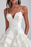 White Ruffled Spaghetti Straps Satin Mini Dress
