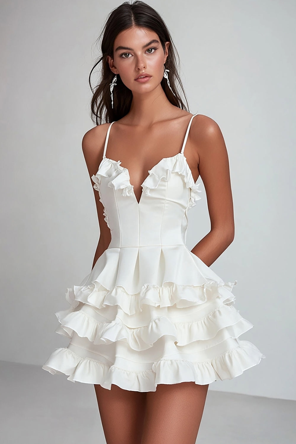 Stylish Ruffled Tiered White Graduation Dress