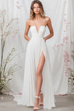 White Strapless A Line Chiffon Engagement Dress With Slit