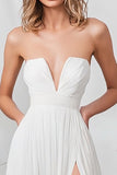 White Strapless A Line Chiffon Engagement Dress With Slit