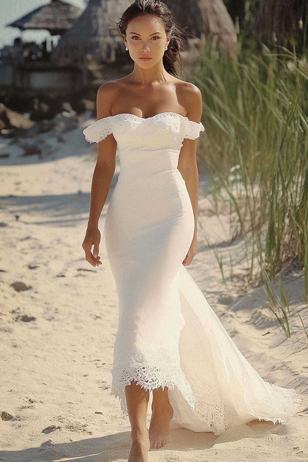 Off The Shoulder White Mermaid Engagement Dress with Lace
