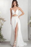 White Two Piece A Line Chiffon Engagement Dress With Slit