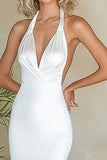 Stylish Mermaid White Halter Satin Maxi Dress