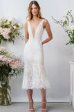 Simple White V-Neck Lace Graduation Dress