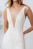 Simple White V-Neck Lace Graduation Dress