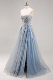Dusty Blue A Line Strapless Corset Beaded Long Prom Dress with Slit