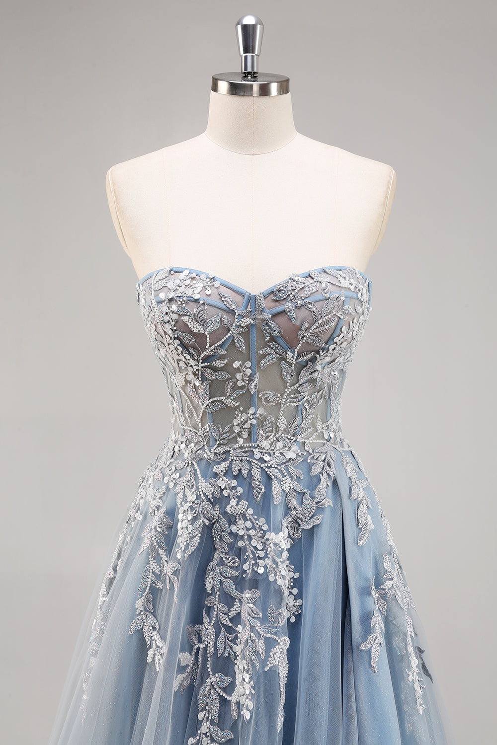 Dusty Blue A Line Strapless Corset Beaded Long Prom Dress with Slit