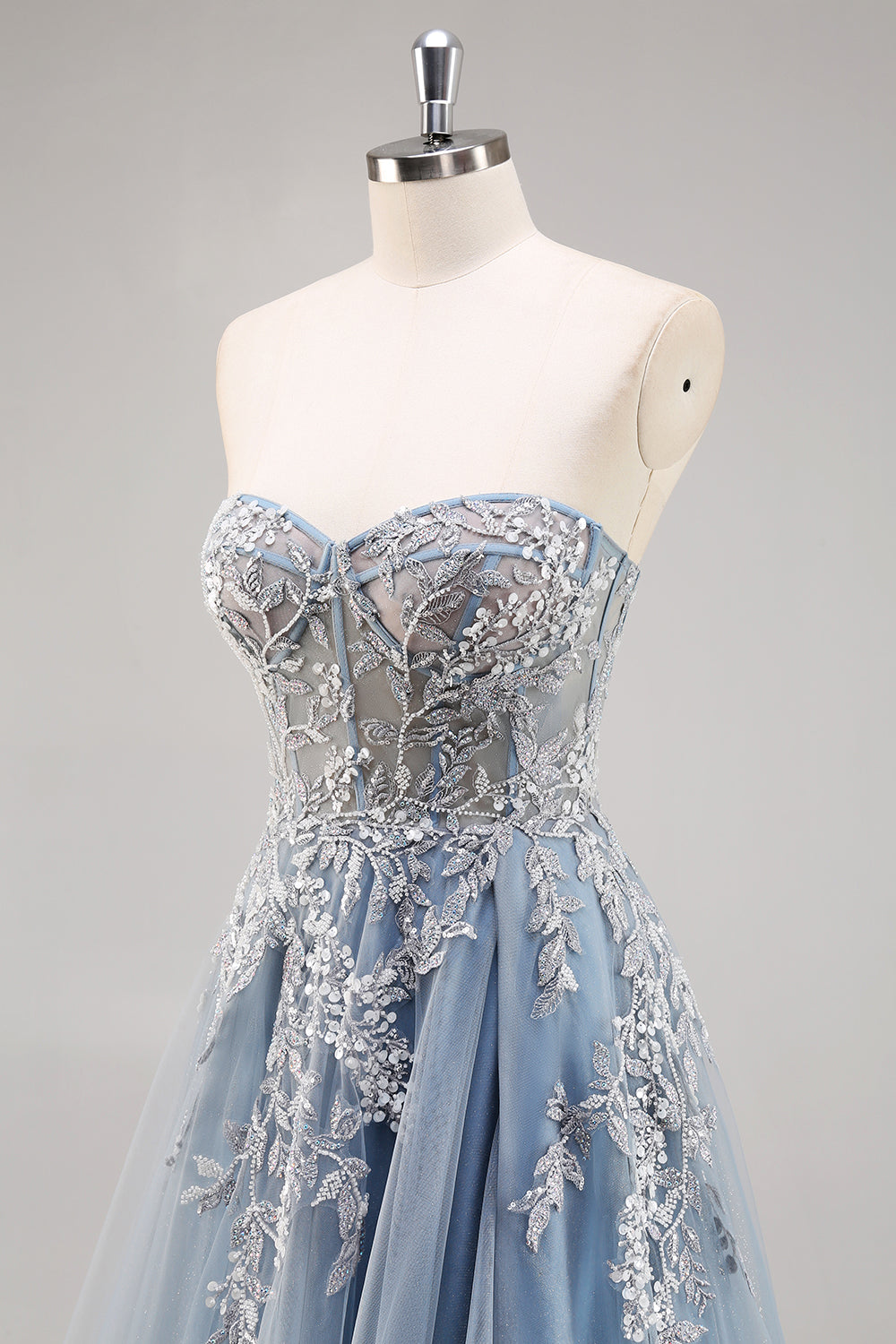 Dusty Blue A Line Strapless Corset Beaded Long Prom Dress with Slit