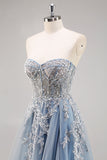 Dusty Blue A Line Strapless Corset Beaded Long Prom Dress with Slit