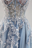 Dusty Blue A Line Strapless Corset Beaded Long Prom Dress with Slit