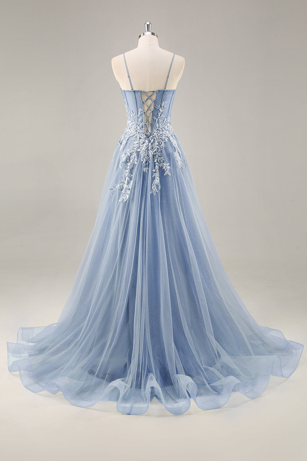 Dusty Blue A Line Strapless Corset Beaded Long Prom Dress with Slit