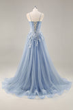 Dusty Blue A Line Strapless Corset Beaded Long Prom Dress with Slit