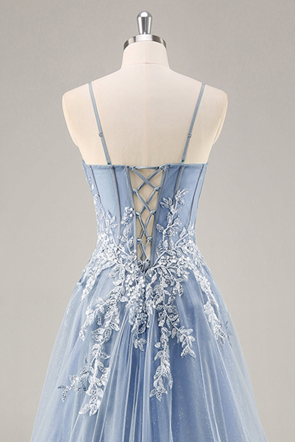 Dusty Blue A Line Strapless Corset Beaded Long Prom Dress with Slit