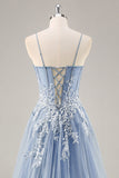 Dusty Blue A Line Strapless Corset Beaded Long Prom Dress with Slit