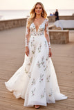 Long Sleeve V Neck White Floral Boho Wedding Dress