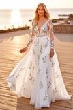 Long Sleeve V Neck White Floral Boho Wedding Dress