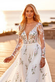 Long Sleeve V Neck White Floral Boho Wedding Dress