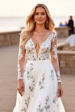 Long Sleeve V Neck White Floral Boho Wedding Dress