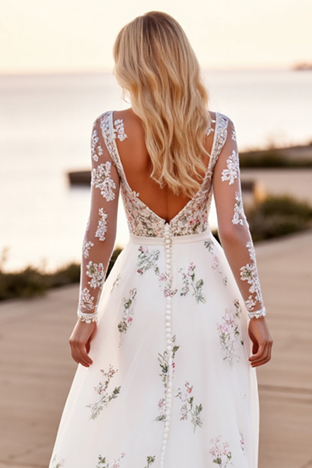 Long Sleeve V Neck White Floral Boho Wedding Dress